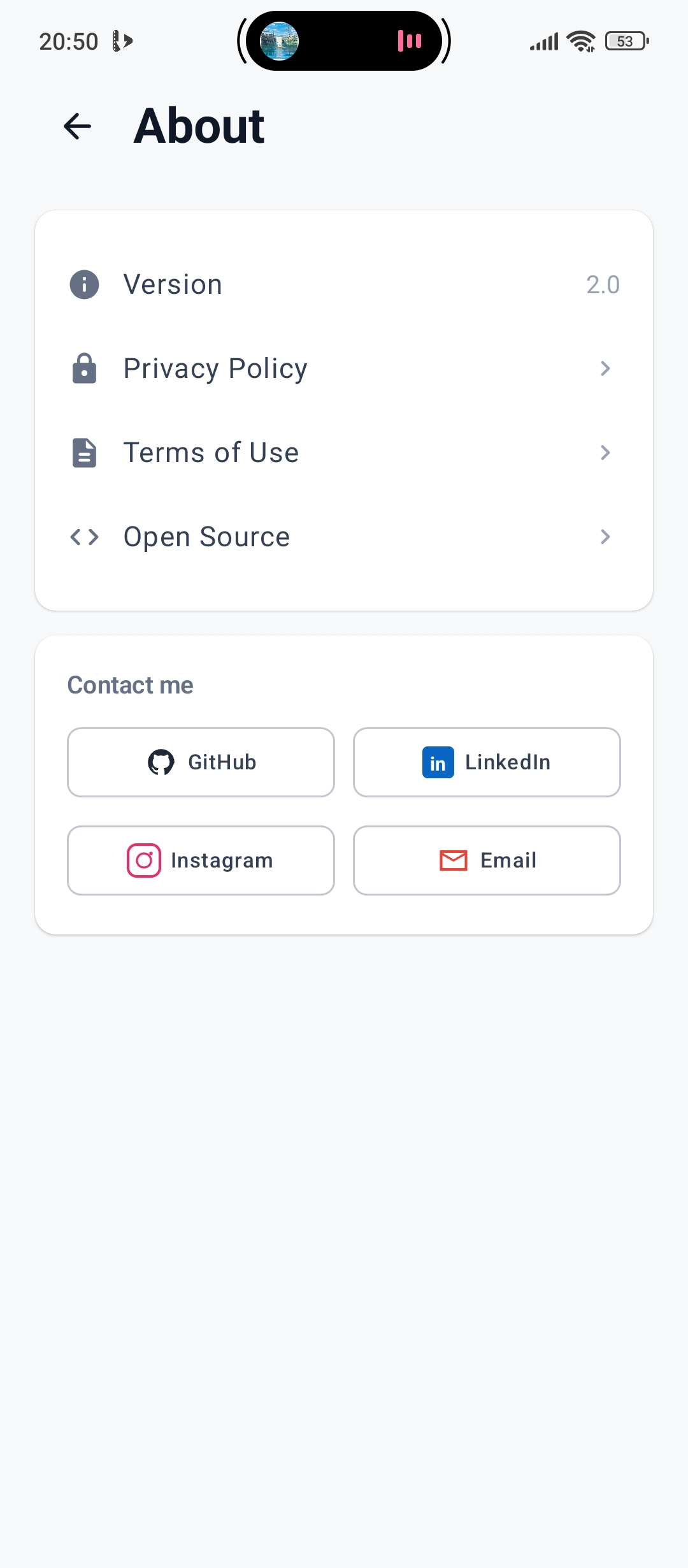 Smart Island about screen displaying developer info, app version, and GNU GPLv3 license