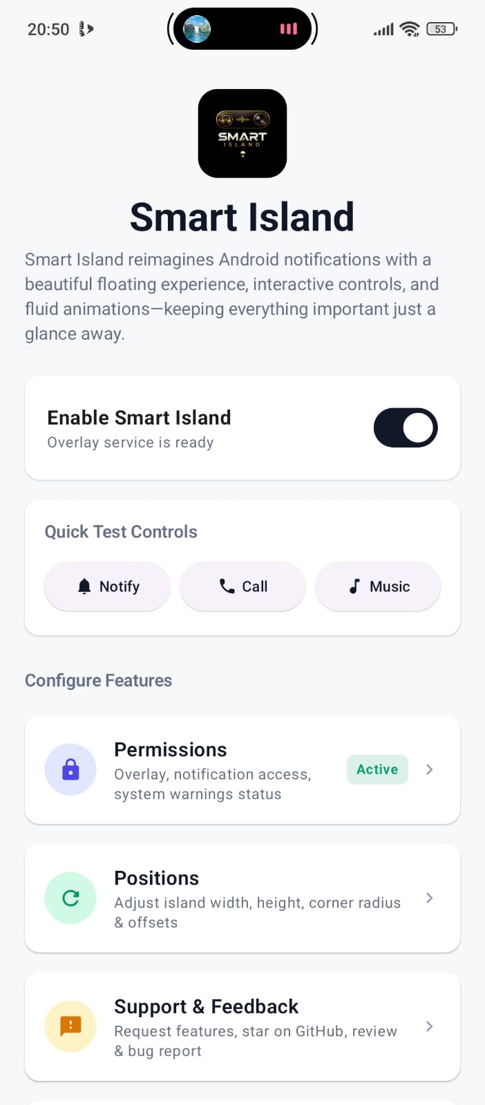 Smart Island redesigned home screen dashboard with topic cards