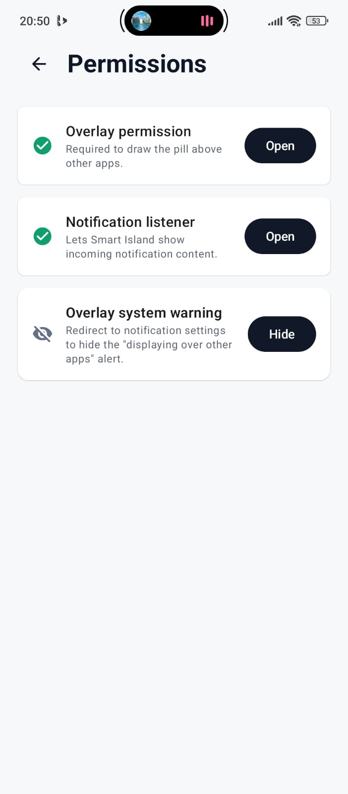 Smart Island permissions setup screen for overlay and notification listener access