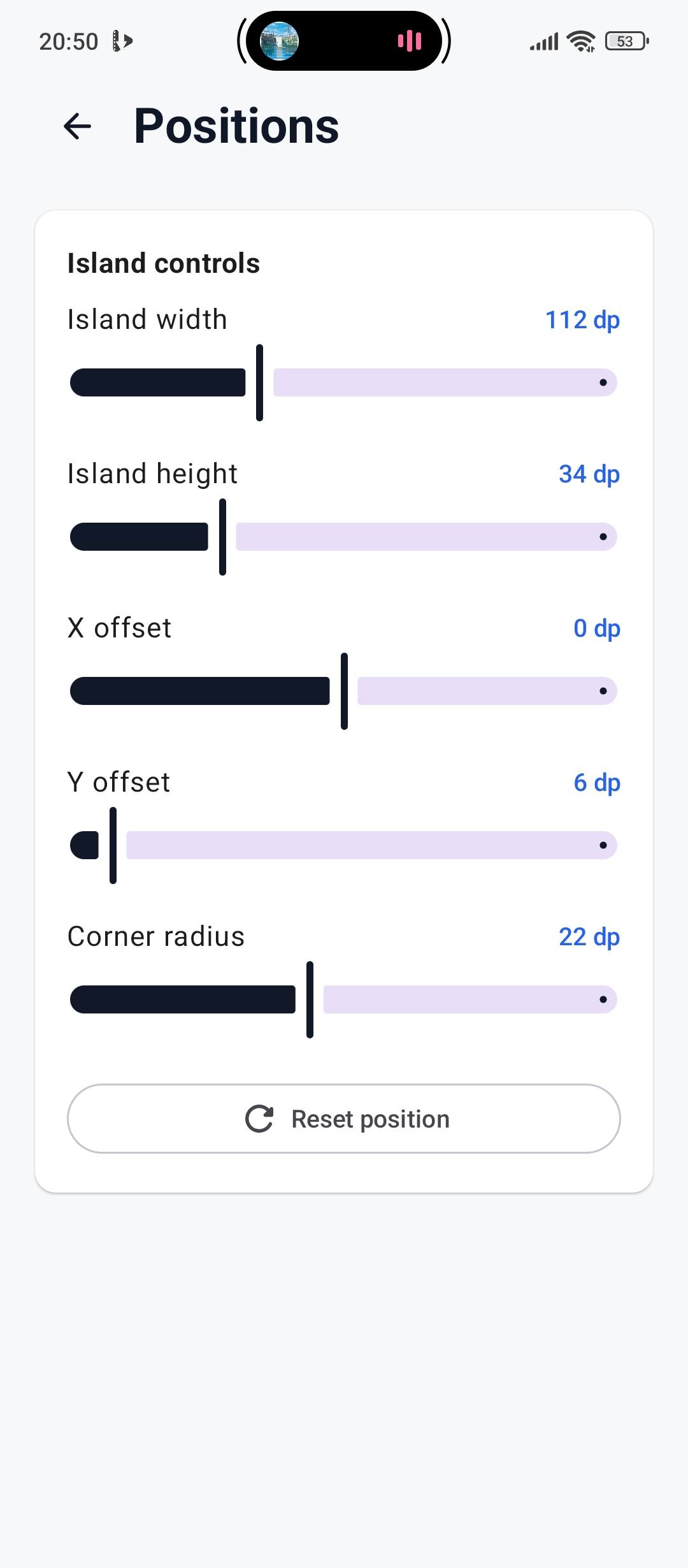 Smart Island positions customization screen with offset sliders