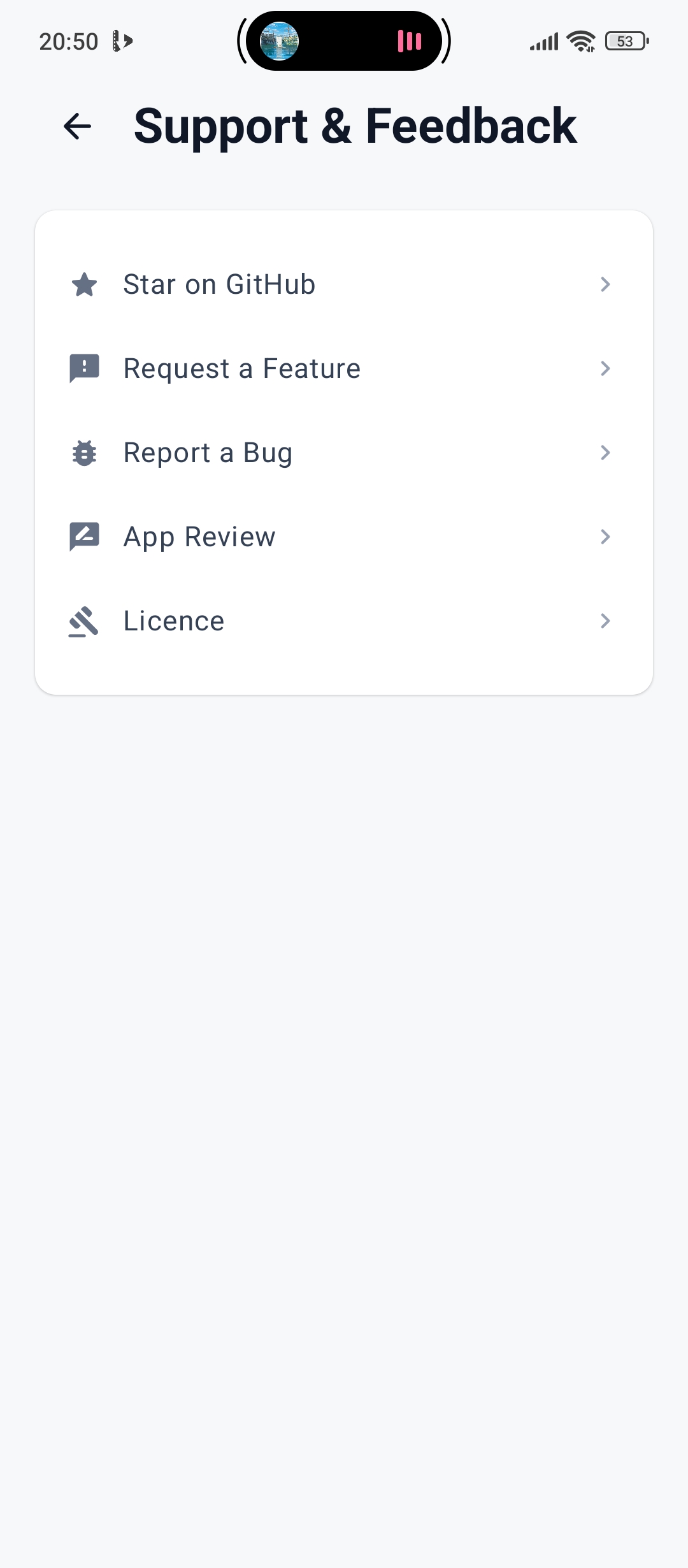 Smart Island support and feedback options with direct links to issues and suggestions