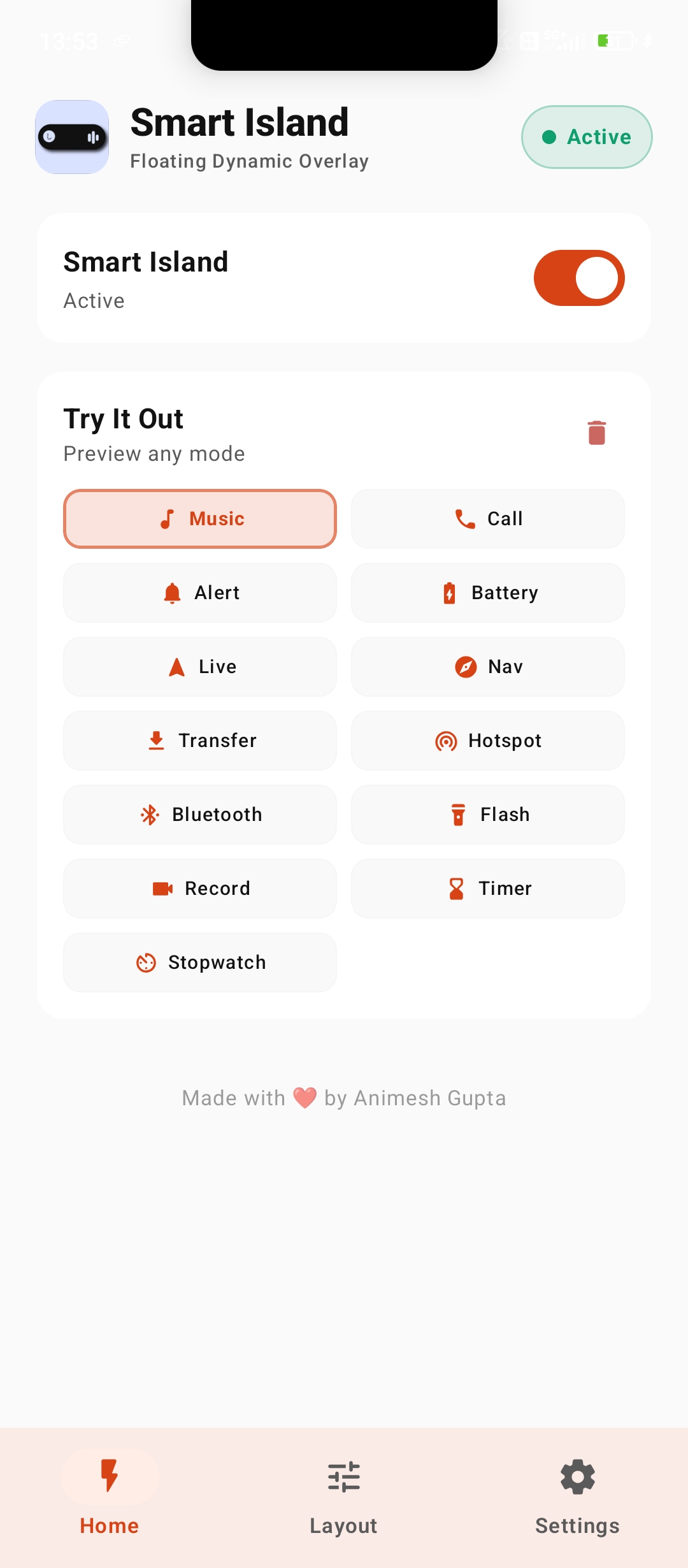 Smart Island v7.0 home screen with live Try It Out test triggers