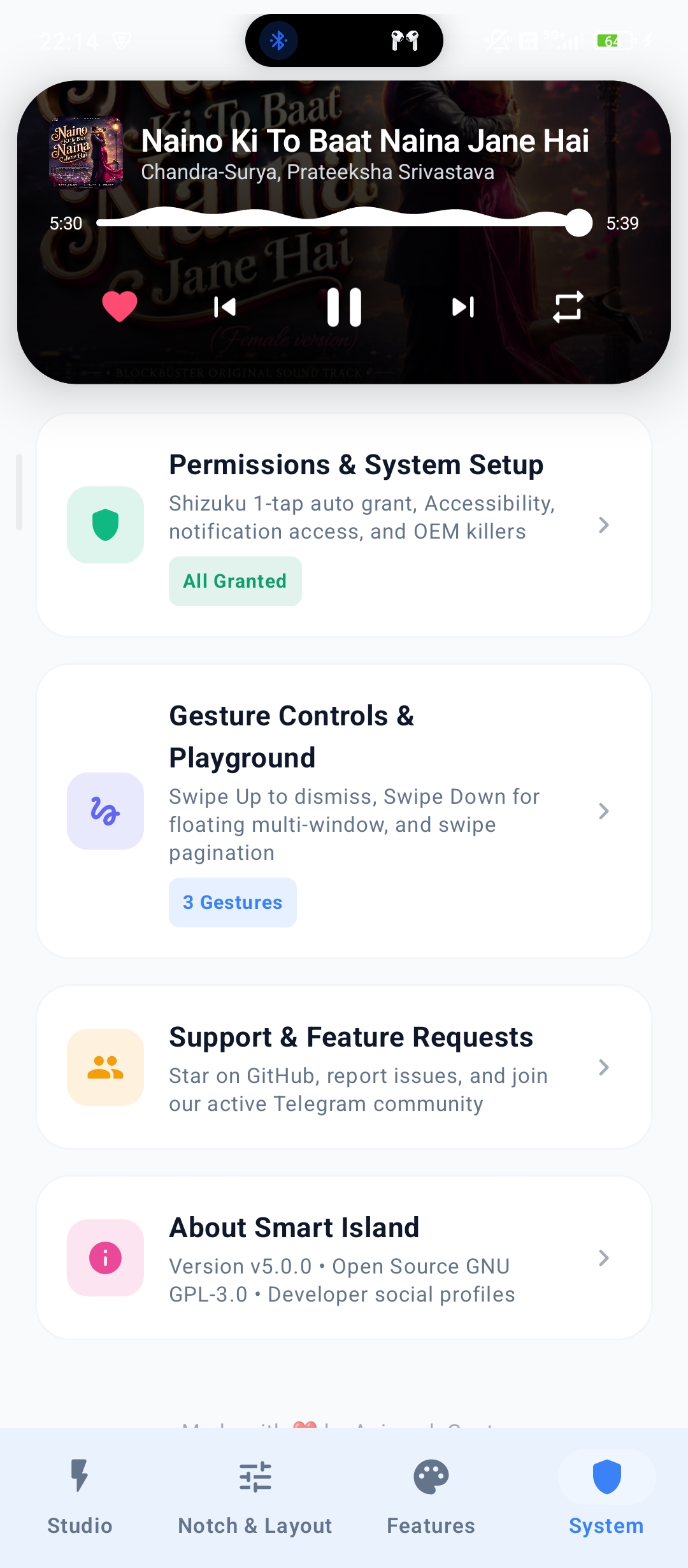 Smart Island expanded media player notification card overlay